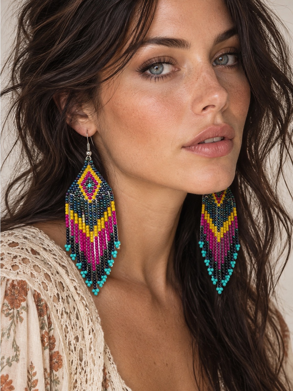 Boho Multicolor Seed Beaded Fringe Earrings